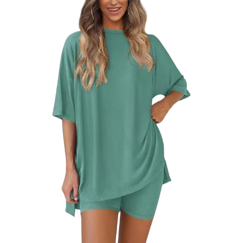 Women's Summer Two-Piece Lounge Set – Oversized Top & Biker Shorts, Soft & Comfy