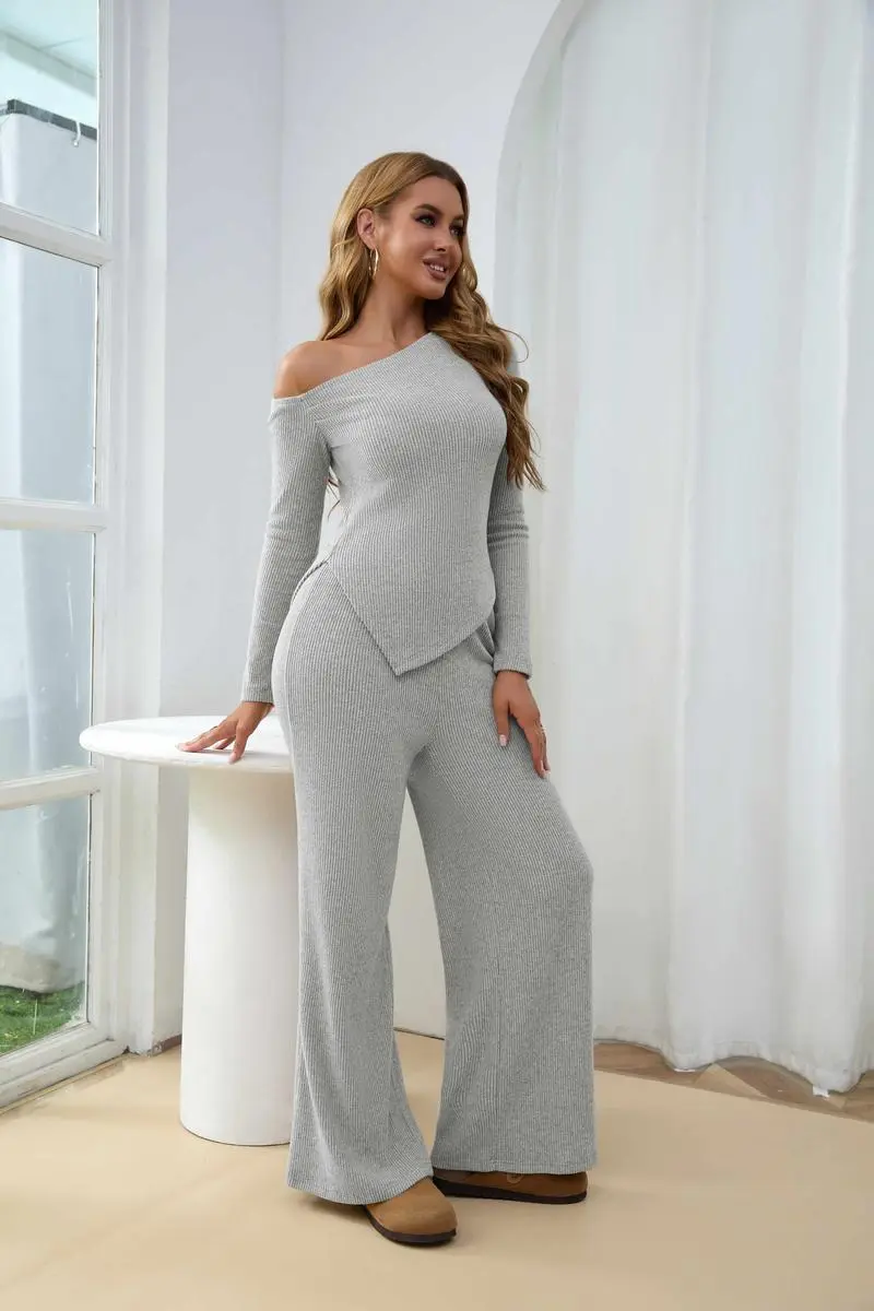 Chic Sherpa Set for Women Asymmetric Shoulder Top & High Waist Wide Leg Pants