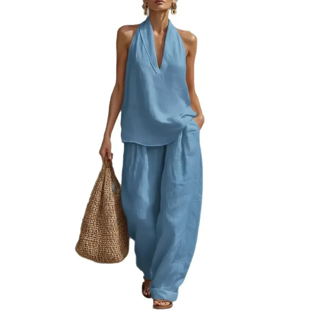 Two Piece Set - Perfect for Beach, Vacation & Brunch! Halter Neck Sleeveless Top Wide Leg Pants Set