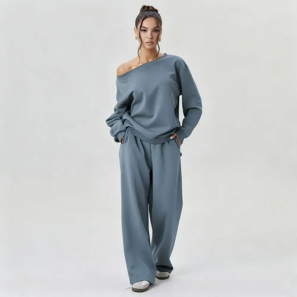 Women’s Sloping Shoulder Top & Wide Leg Pants Set