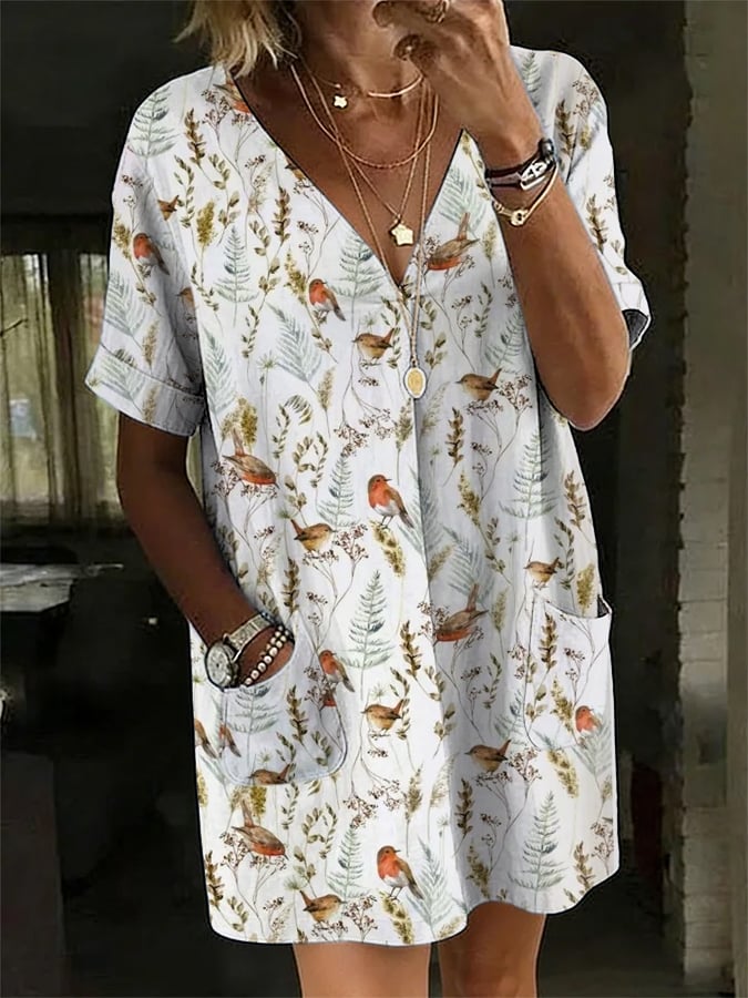 Women's Art Flower And Bird Print Casual Pocket Dress- Fast Shipping