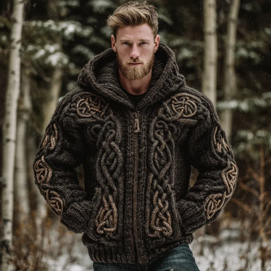 Men's Vintage Viking Celtic Knot Art Chunky Knit Warm Hooded Zip-up Sweater