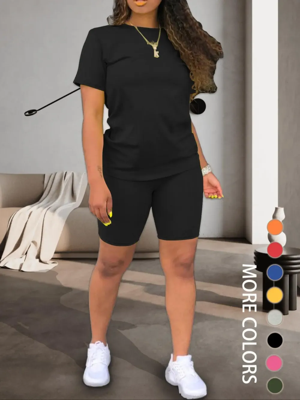 Women's Slim Fit Solid Color Crew Neck T-Shirt and Skinny Shorts Two-Piece Set