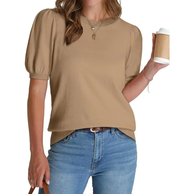 Women's Puff Short Sleeve 2026 Spring Summer Sweater - Lightweight Knit Top - Business Casual Blouse