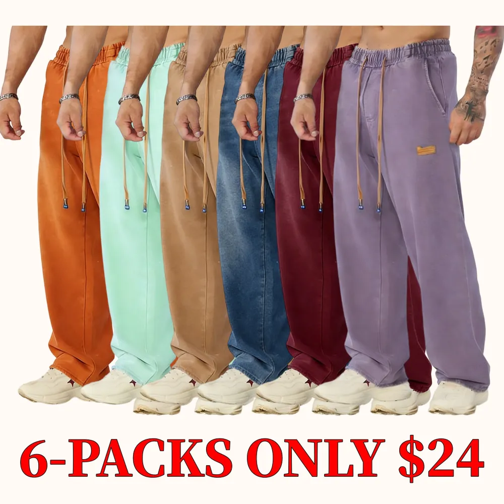 Men's straight leg jeans, casual drawstring elastic waistband