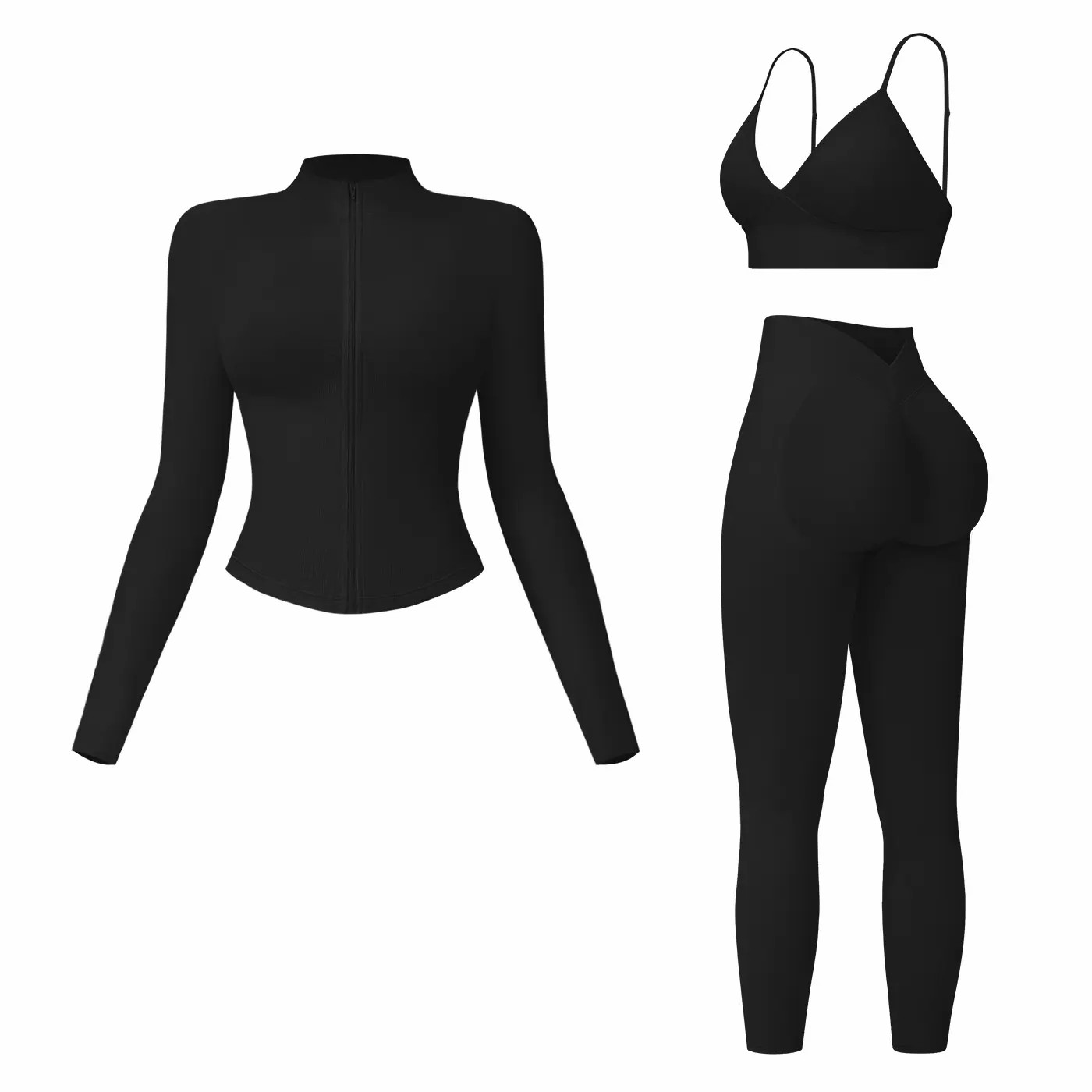 Women's 3-Piece Activewear Set – Criss Cross Crop Top, High Waist Leggings & Zip Up Jacket