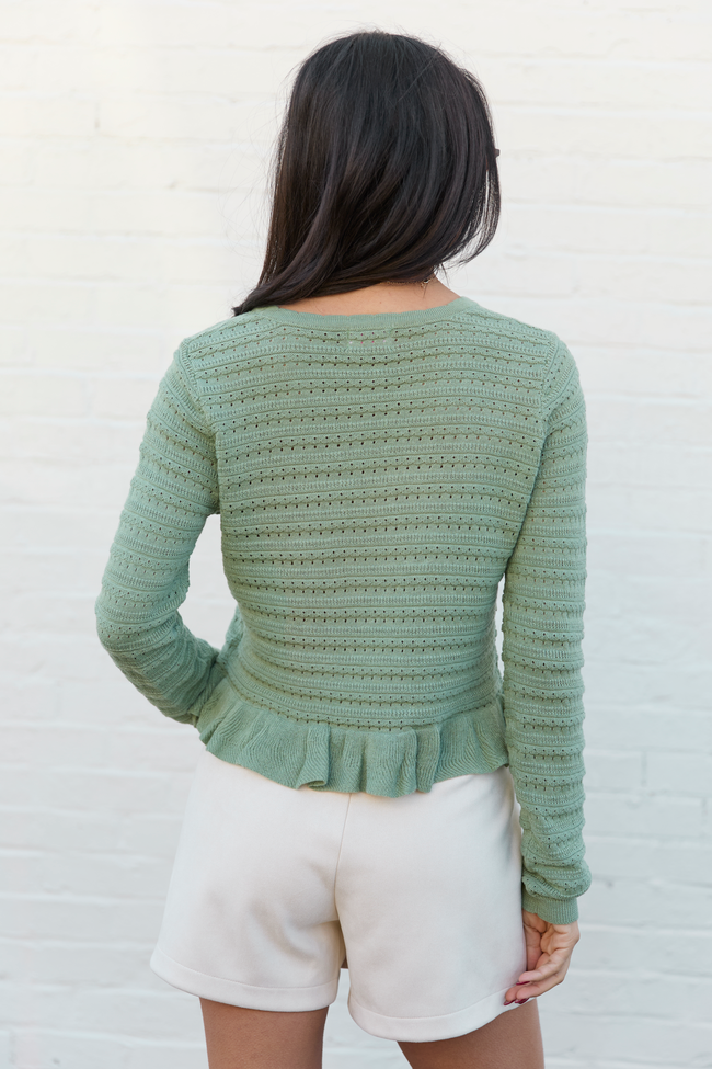 Charlotte Sage Green Open Knit Ruffle Trim Sweater