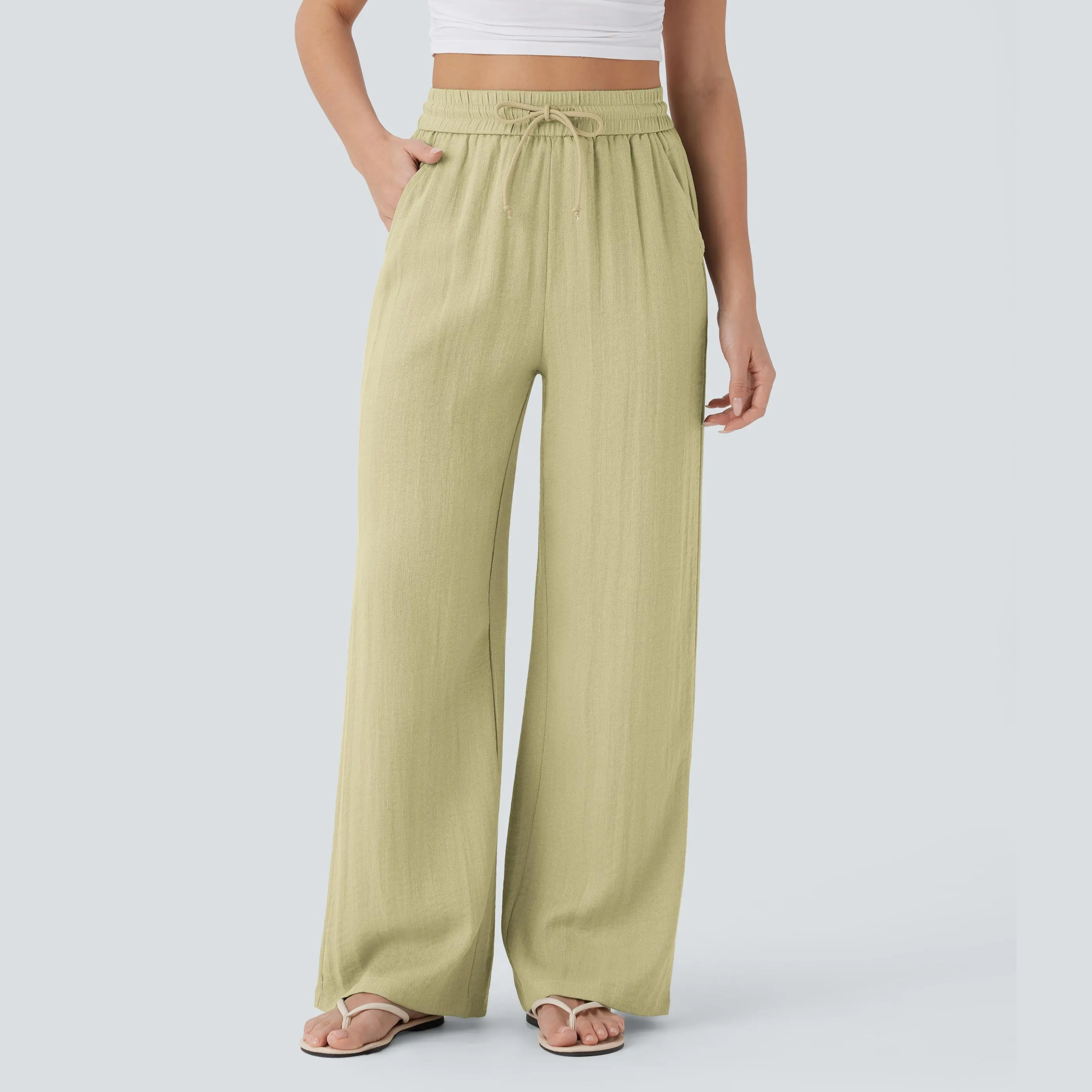 High Waisted Drawstring Pocket Wide Leg Casual Linen-Feel Pants