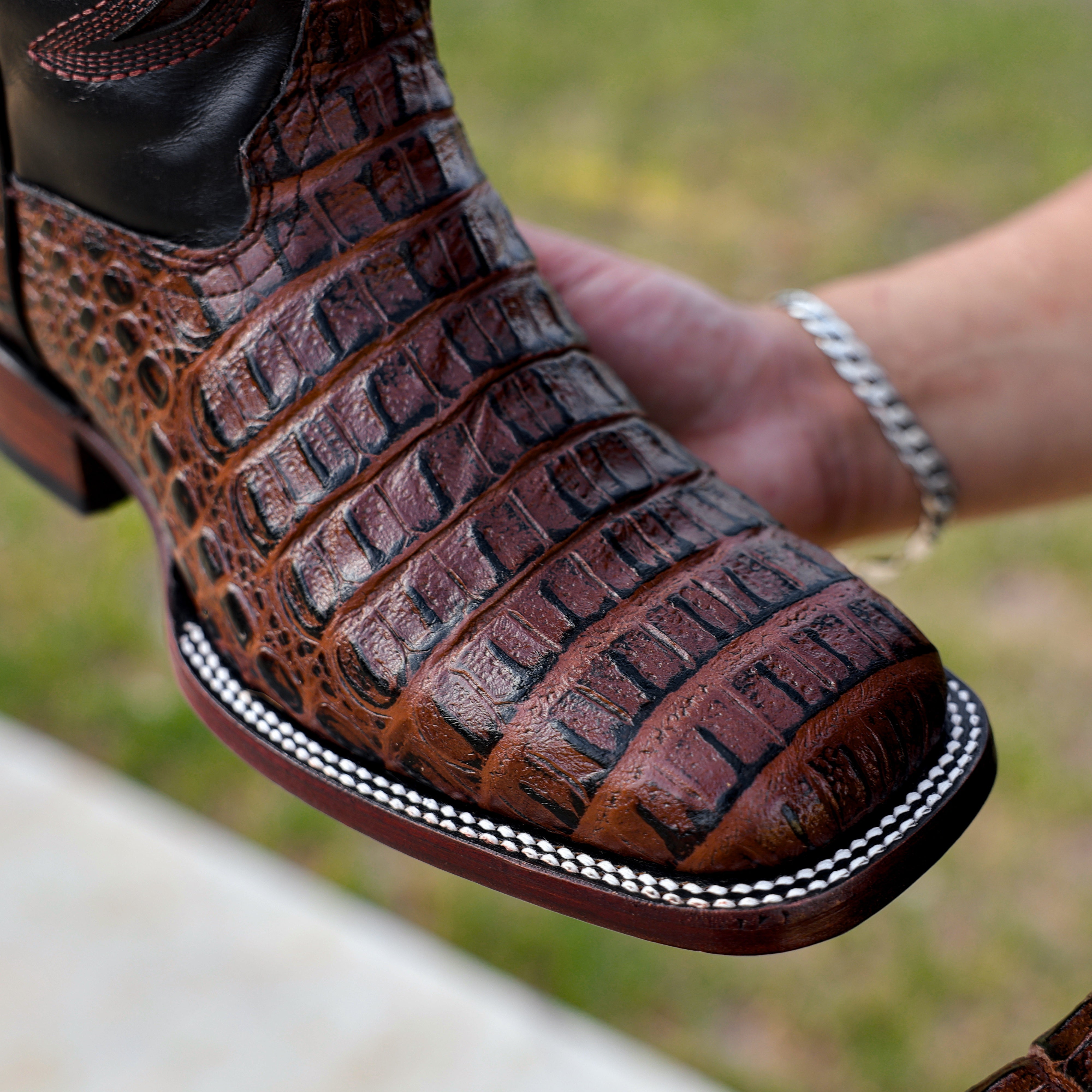 Chocolate Brown Caiman Hornback Leather Boots - Square Toe