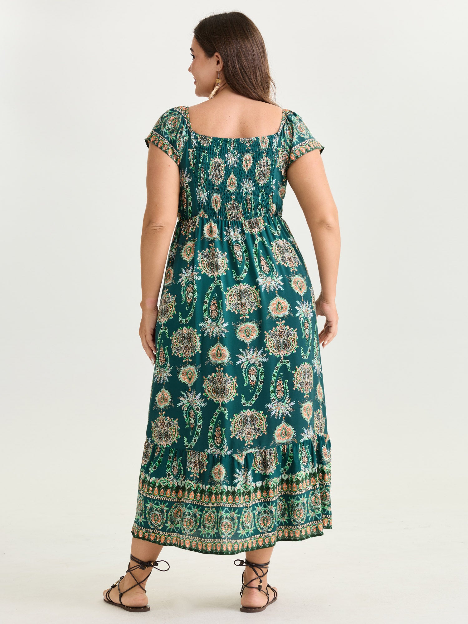 Paisley Print Ruched Adjustable Bodice Maxi Dress