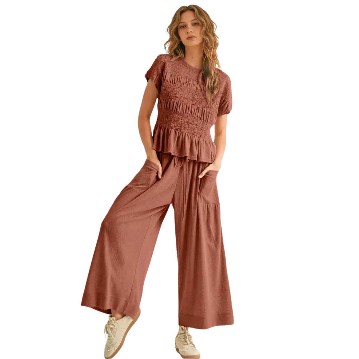 Women's 2-Piece Smocked Top & Wide-Leg Pants Set High-Waisted Lounge Outfit with Pockets Casual Boho Matching Set Minimalist Basic Kleinblue Crewneck Clothes Suits Fitted Trouser