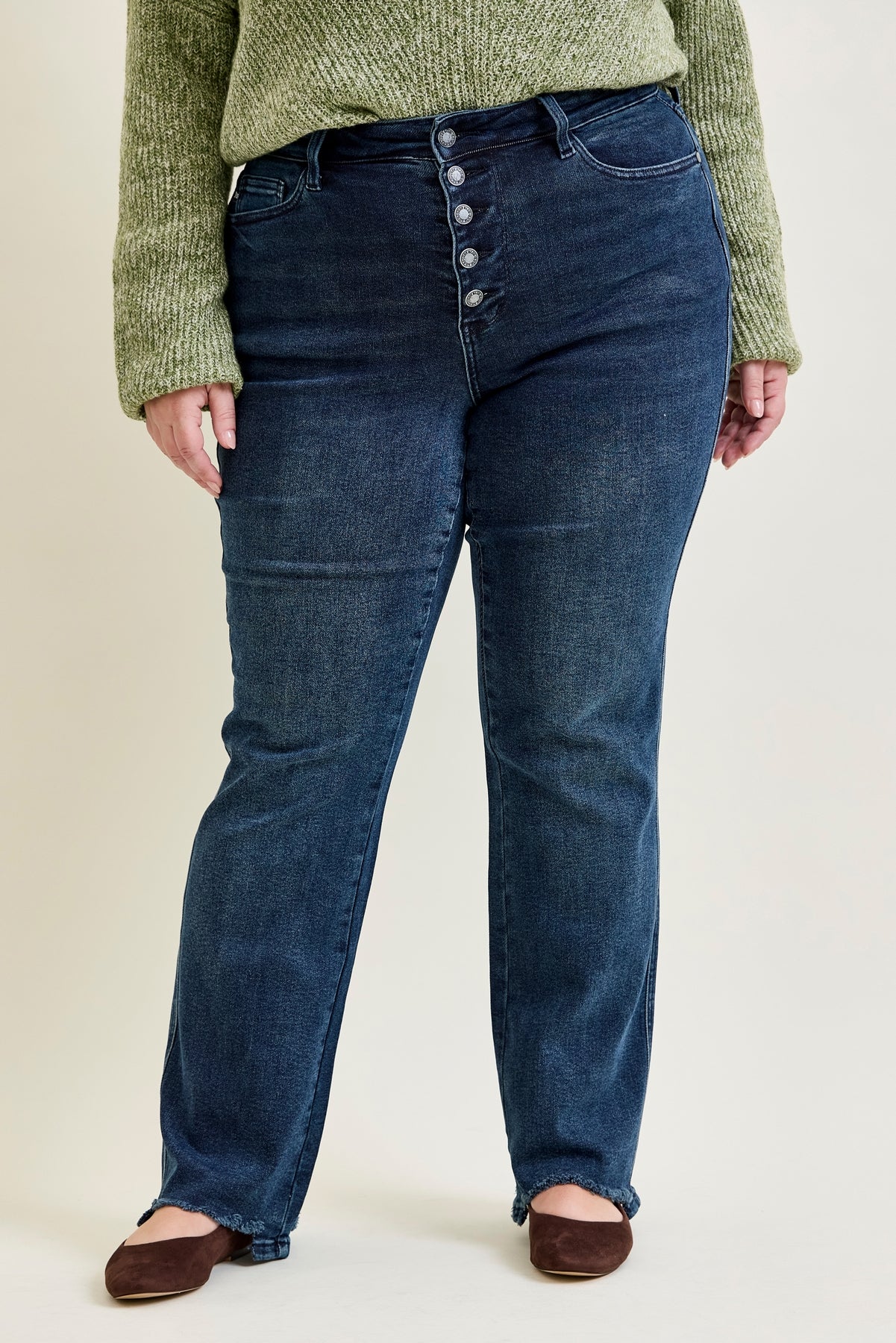 Lisa High Rise Button Fly Hem Distressed Straight Jeans - PLUS