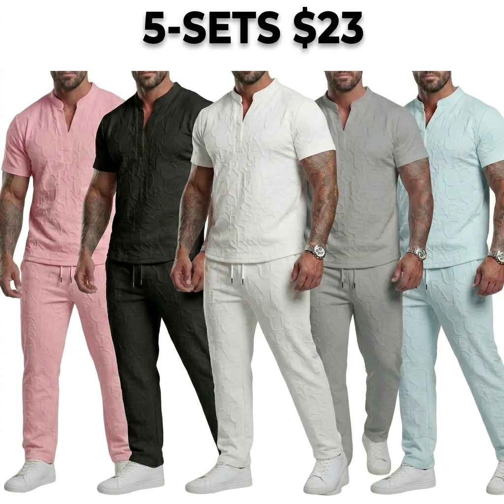 Men's Textured Letter-Embossed T-Shirt & Drawstring Waist Trousers Set