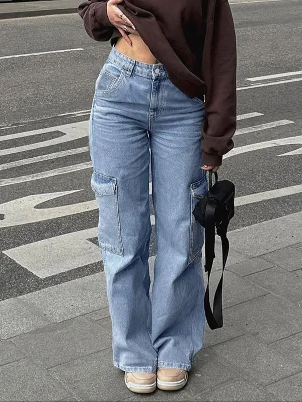Women's High Waist Cargo Jeans with 6 Pockets, Wide Leg Baggy Denim Pants for Casual Street Style