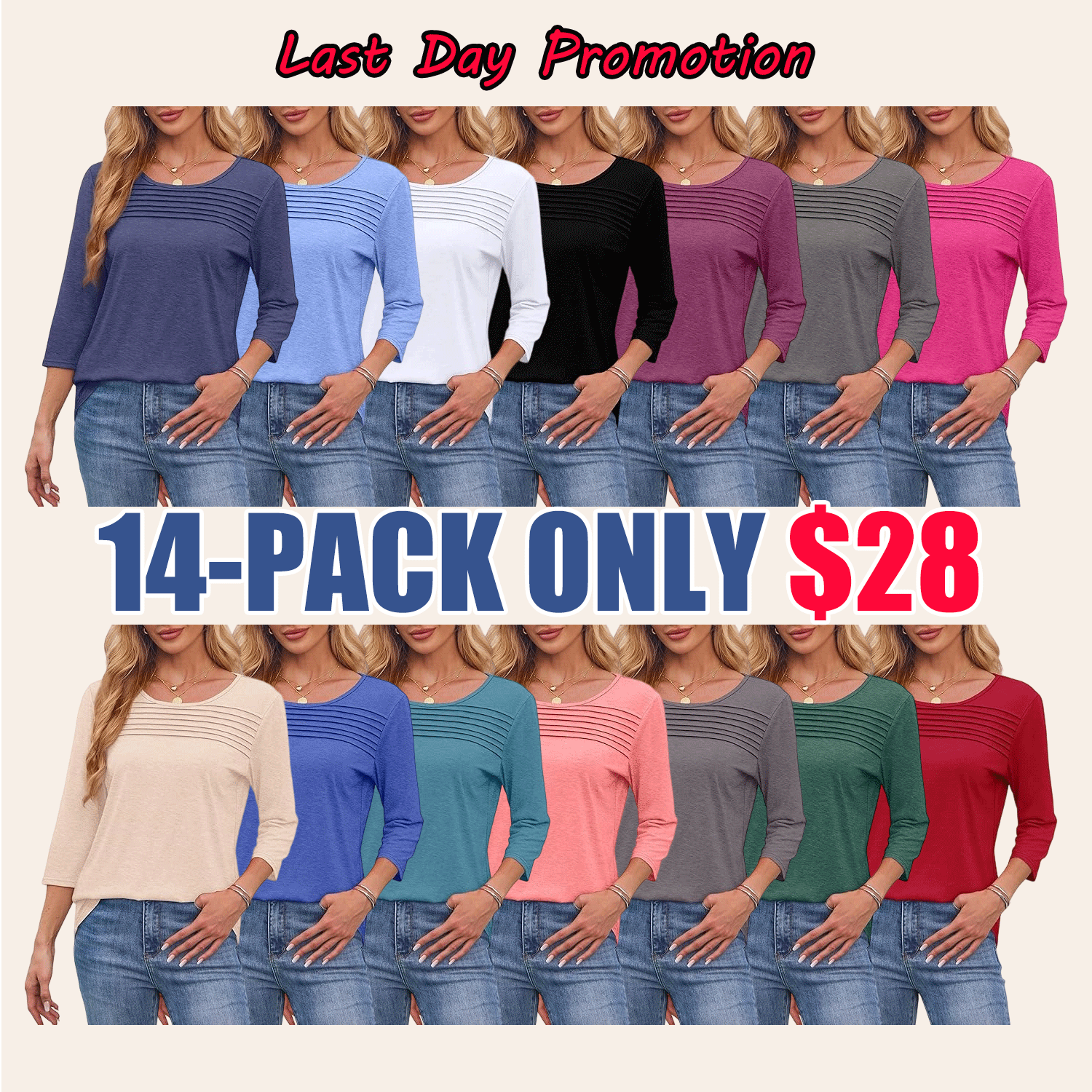 🔥Women’s Pleated 3/4 Sleeve Blouse – Loose Fit Curved Hem Casual Top