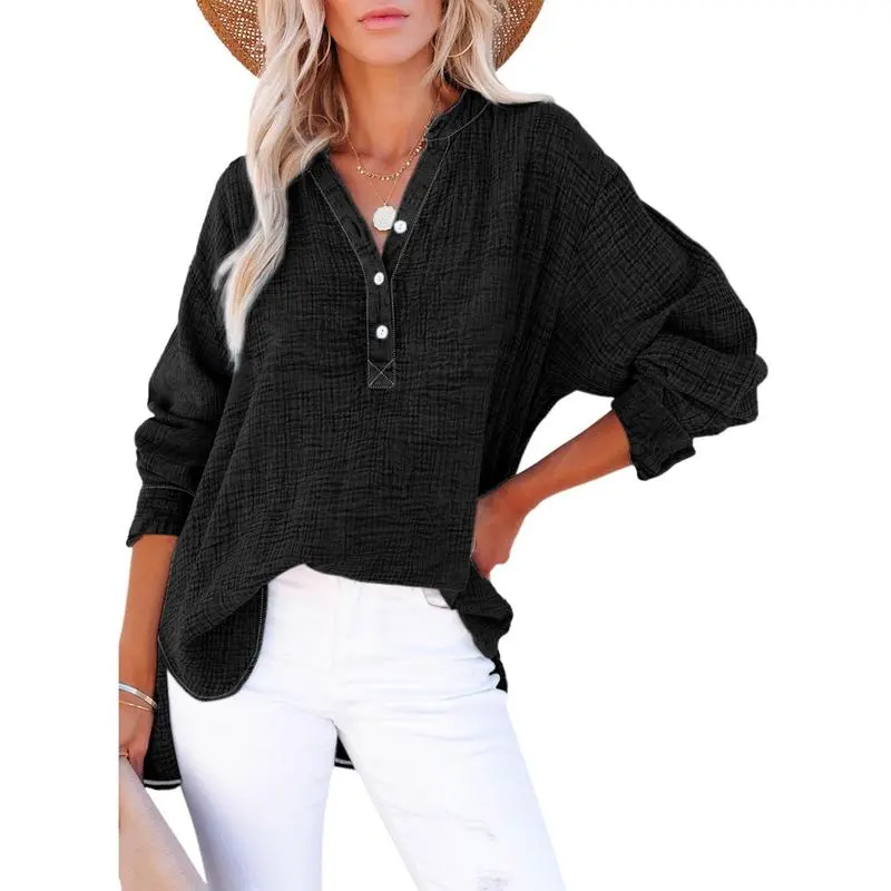 Women's Casual Button V Neck Long Sleeve Shirts Oversized Solid Blouses Tops