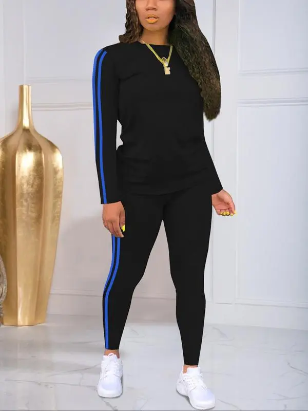 Women's Striped Print Long Sleeve Top & Pants Two-piece Set