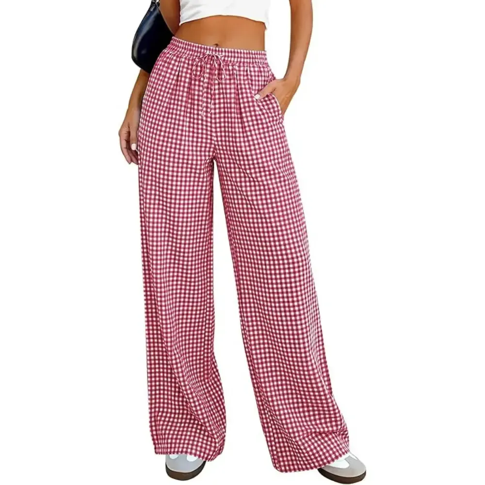 Women's Pants Elastic Waist Striped Lightweight Palazzo Trousers With Pockets Casual Lounge Wide Leg Bottoms