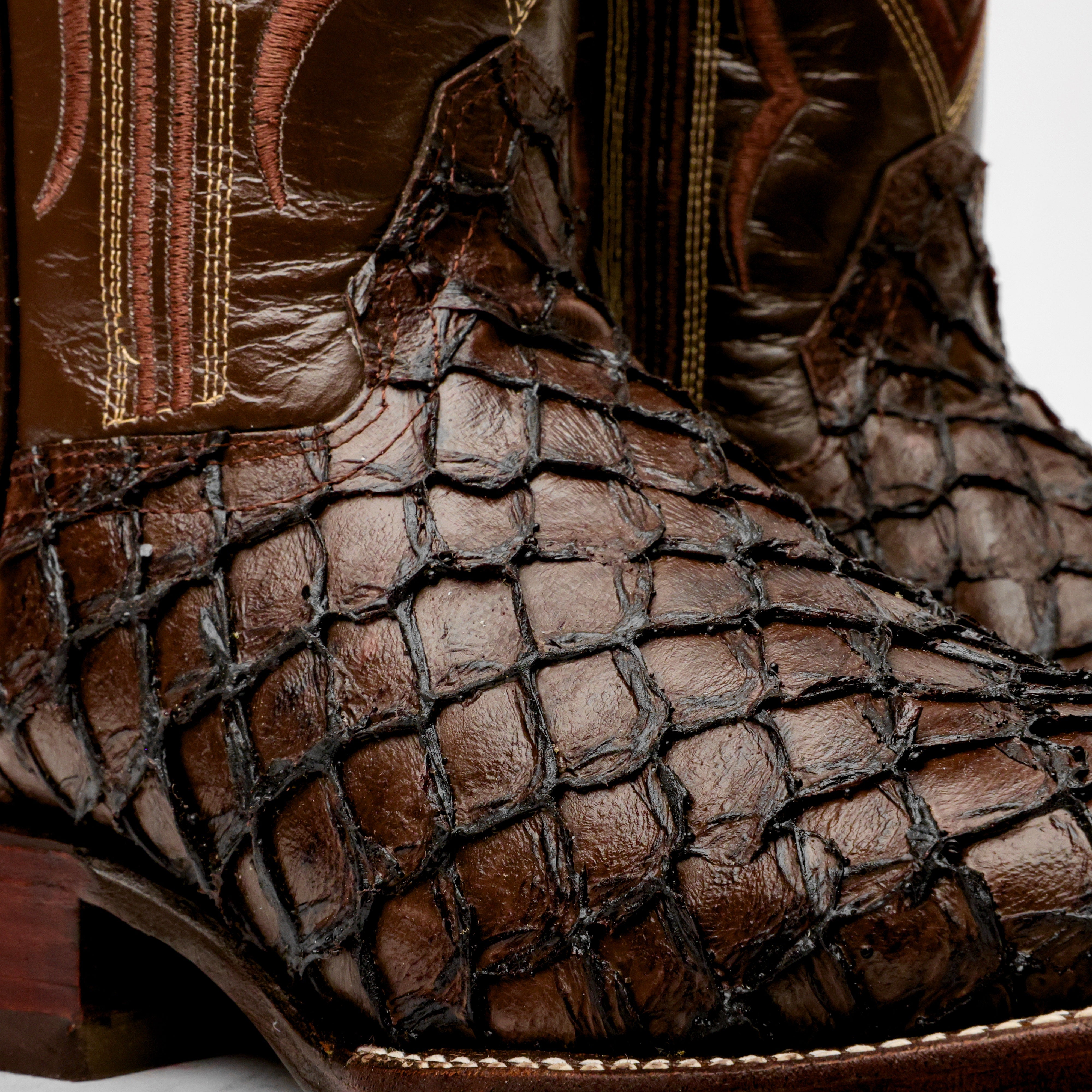 Chocolate Brown Mini Pirarucu Leather Boots - Square Toe