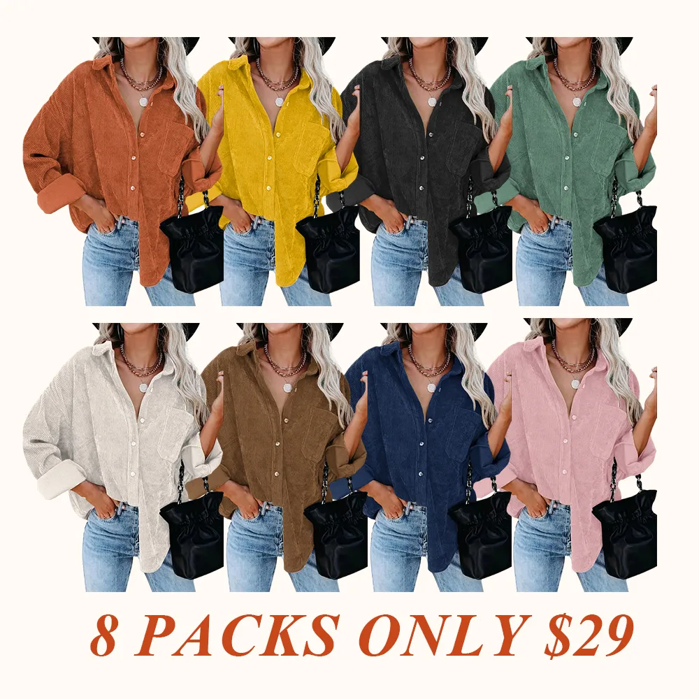 Women's Plain Pocket Button Front Corduroy Shirt