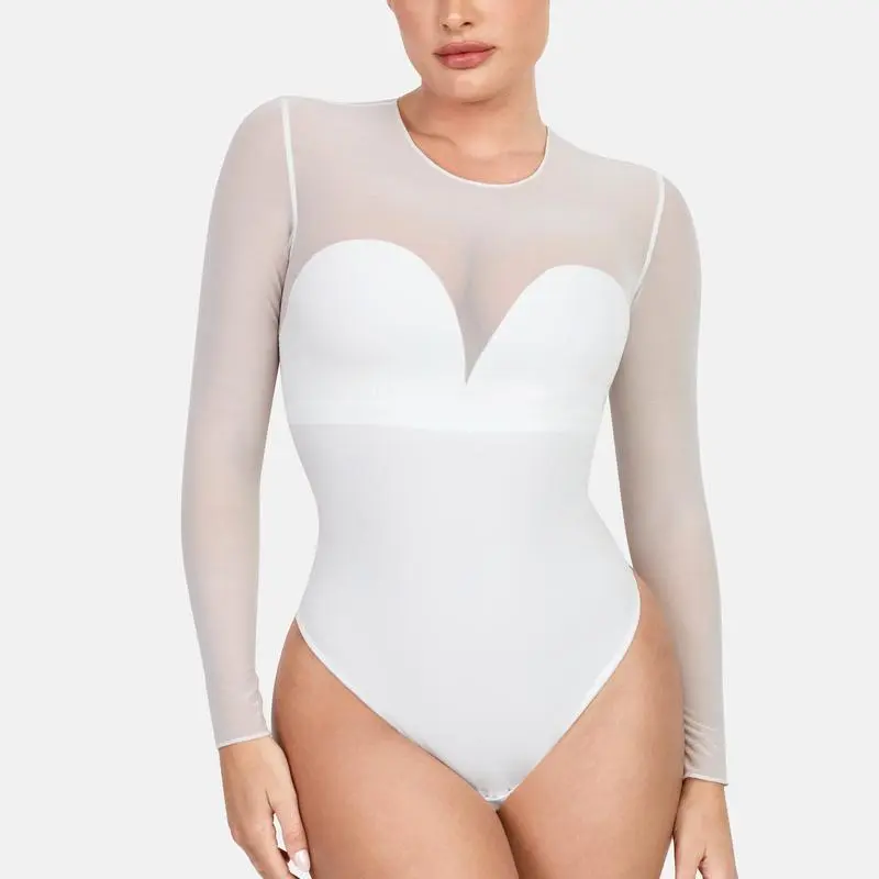 Deep V-Neck Long Sleeve Bodysuit Breathable Fabric Sheer Lace Turtleneck with Built-in Bra