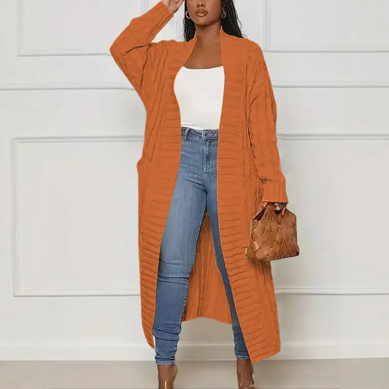 Women's Solid Color Textured Drop Shoulder Pocket Longline Cardigan