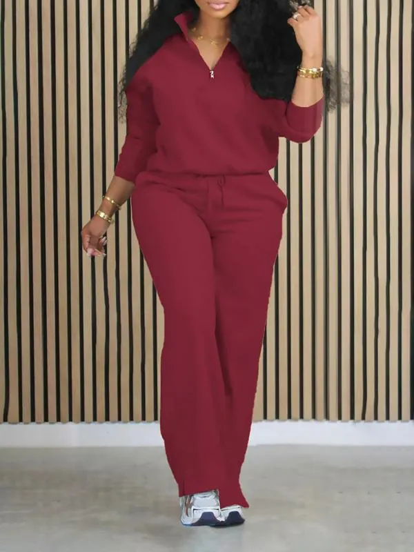 Women's Solid Half Placket Split Hem Pants Set