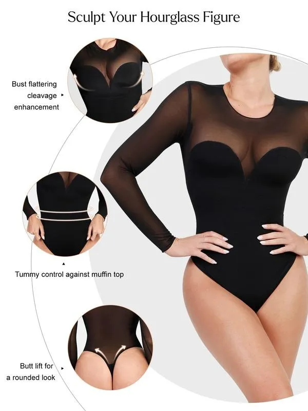 Deep V-Neck Long Sleeve Bodysuit Breathable Fabric Sheer Lace Turtleneck with Built-in Bra