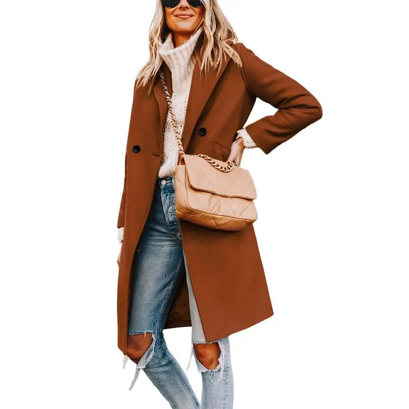 Women's Winter Notch Lapel Double Breasted Wool Blend Mid Long Pea Trench Coat