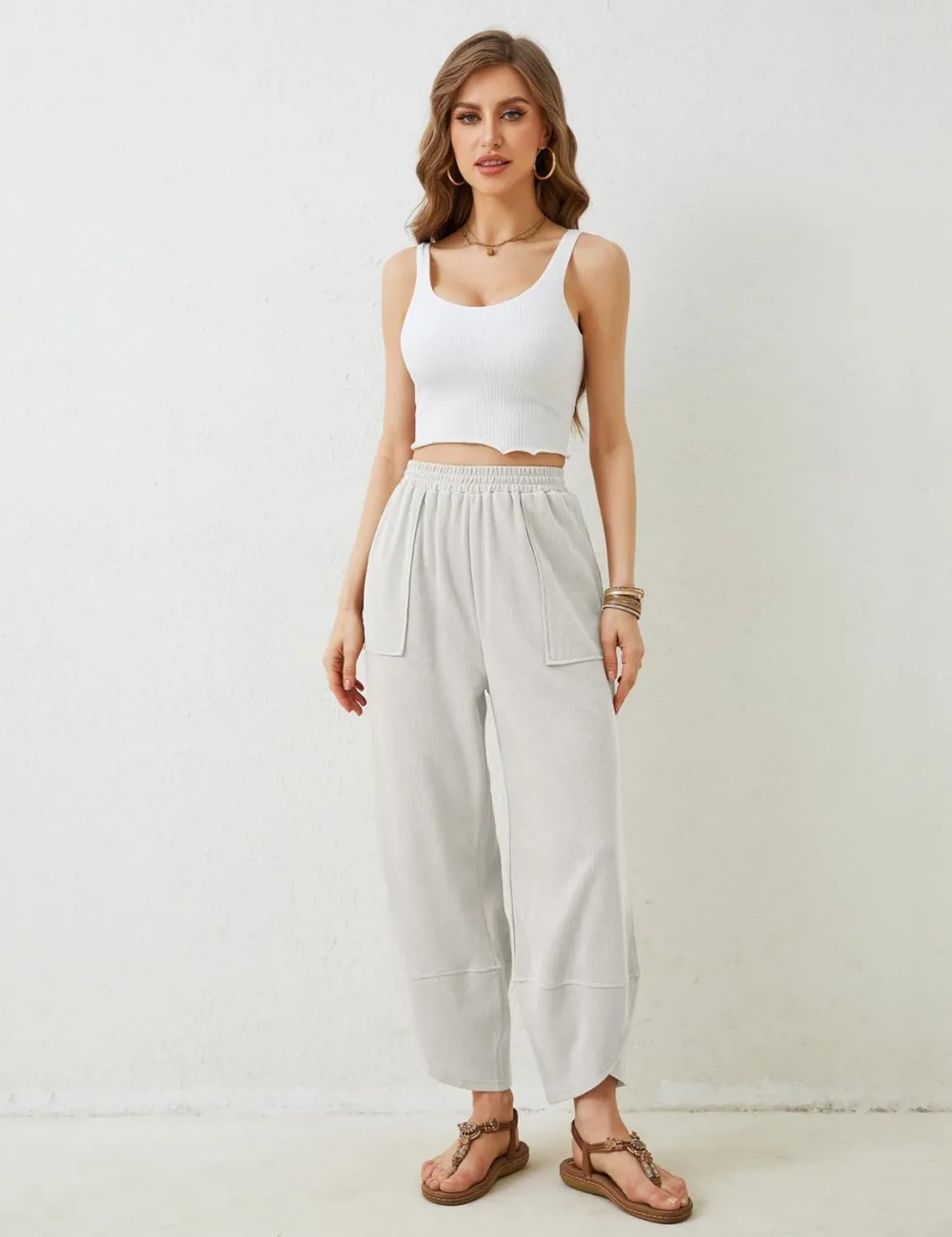 Women's Wide Leg Harem Pants Casual Palazzo Pants with Pockets High Waist Relaxed Fit