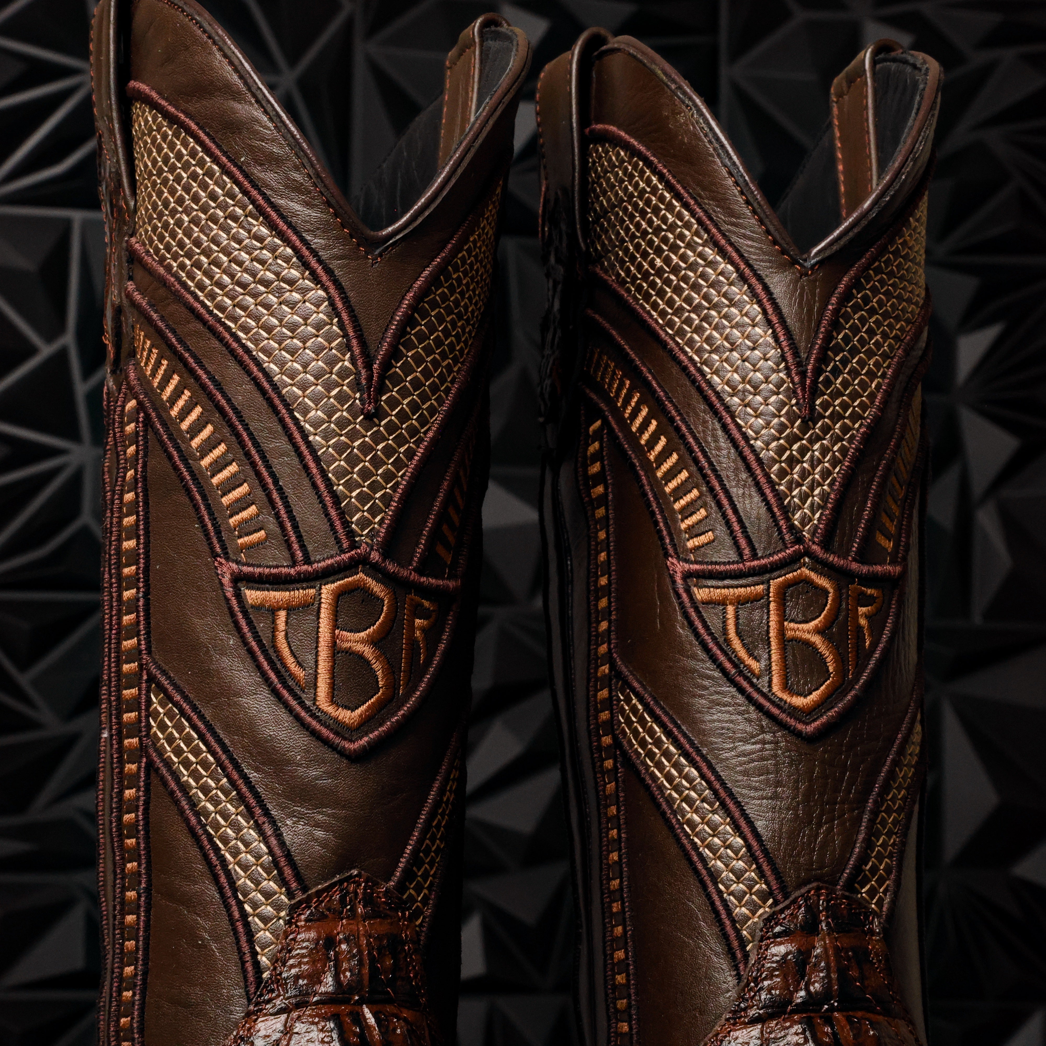 Brown Caiman Hornback Leather Boots - Square Toe