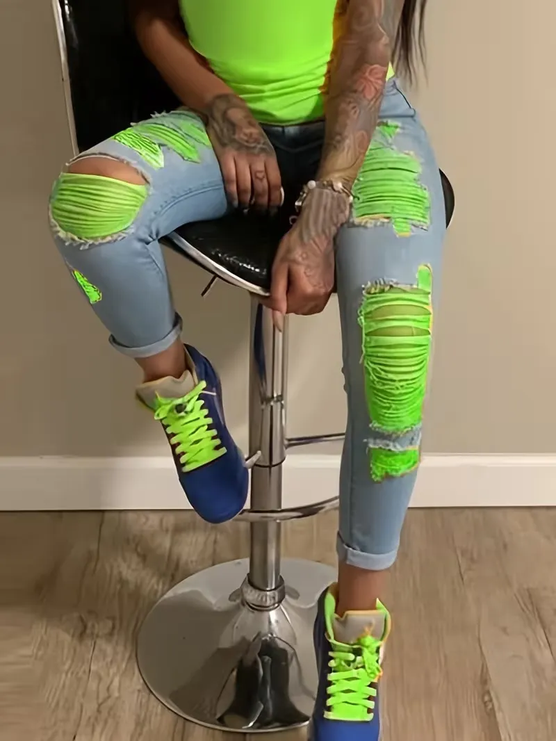 Women's Fashion Yellow Ripped Distressed Skinny Jean Slim Fit Denim Pants