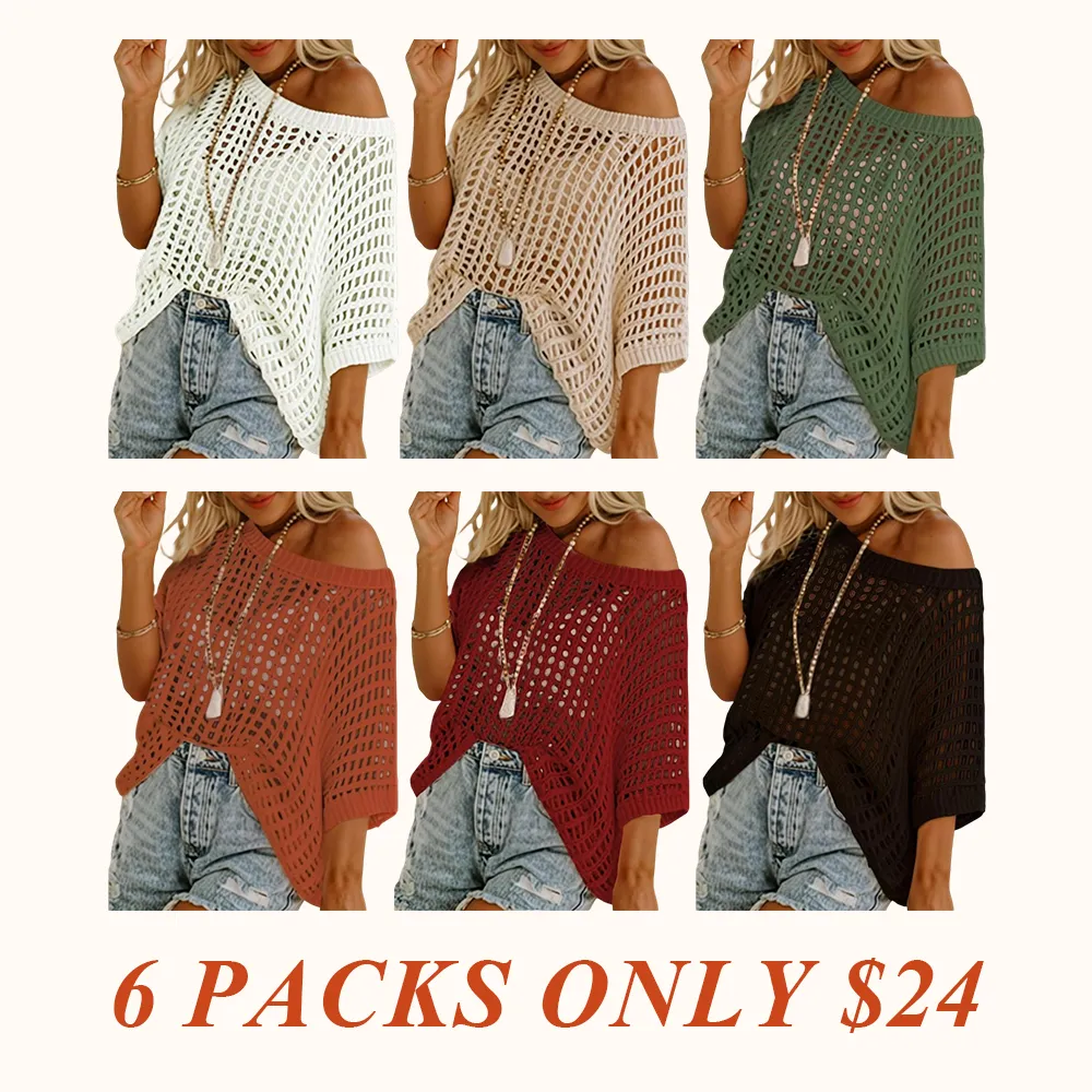 Womens Summer Scoop Neck Short Sleeve Sweater Casual Crochet Hollow Out Knit Tops