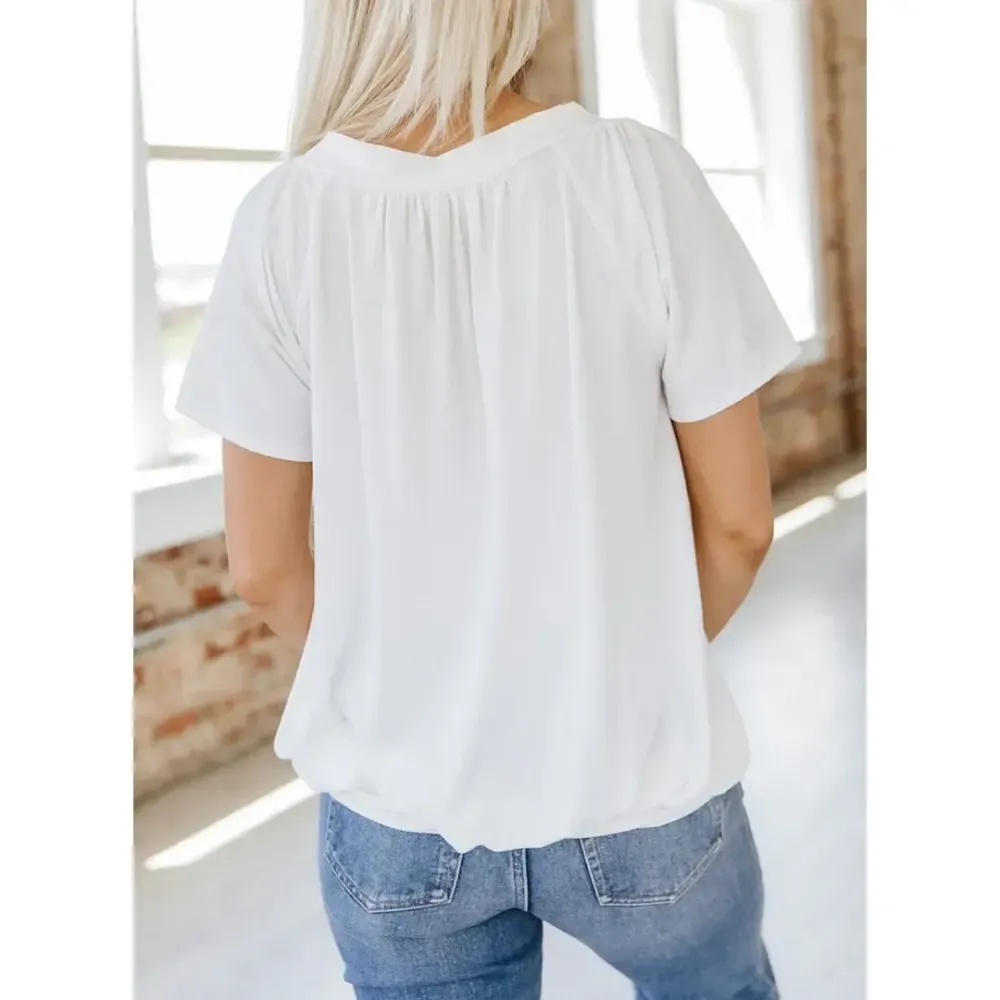Women's Casual Summer Short Sleeve V Neck Tops T-shirts - Loose Fit & Comfortable Shirring Top