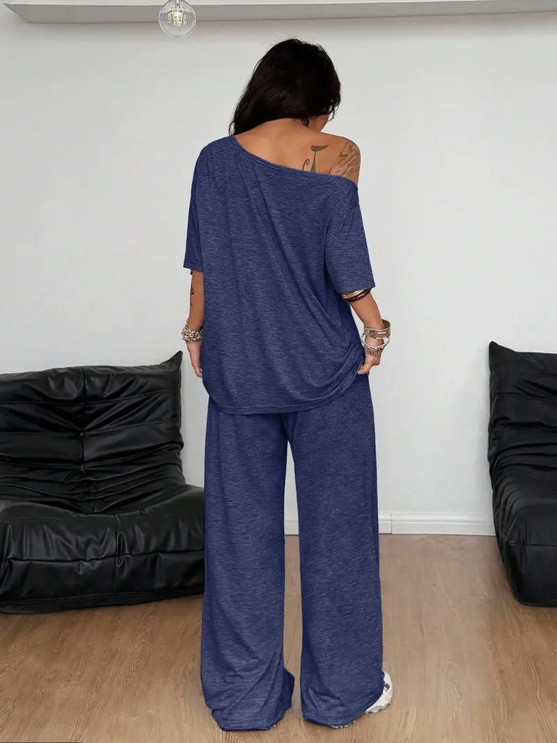 Women's Casual Solid Color Two-Piece Set – Slant Neck Wide Leg Pant Suit