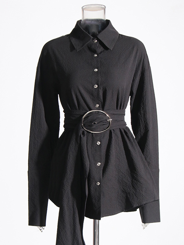 Belted Buttoned Long Sleeves Loose Lapel Shirt Dress Mini Dresses