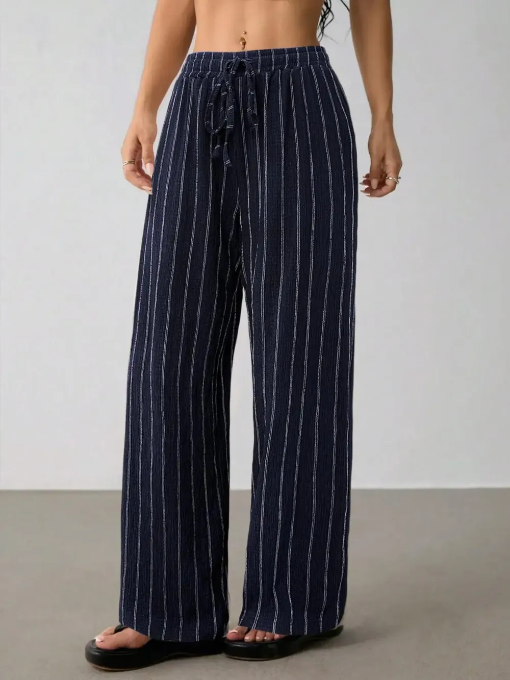 Women's Striped Waist Tie Straight Leg Loose Casual Belted Pants, Fitted Style