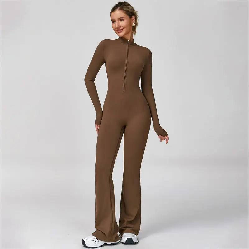 Women's Long Sleeve Flared Sports Jumpsuit - Zipper Jumpsuit