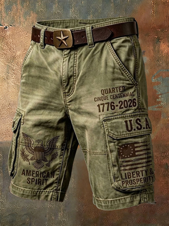 Men'S Retro American Independence Day Printed Workwear Shorts (Excluding Waistband)