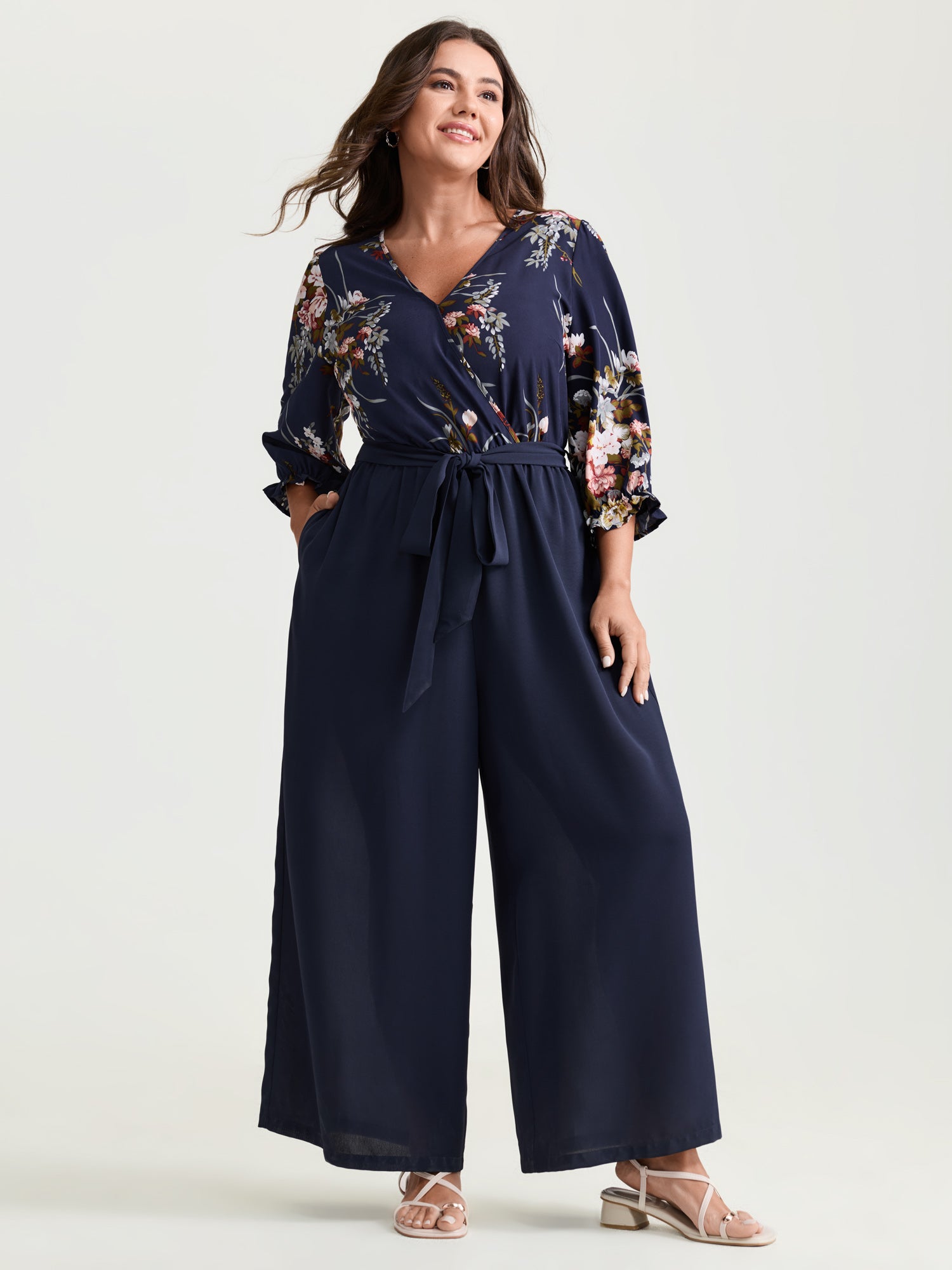 Floral Contrast Belted Wide-Leg Jumpsuit