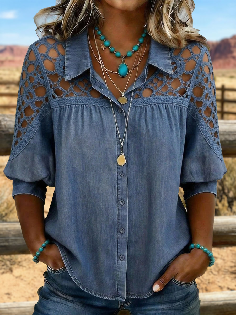 Vintage Art Hollowed Out Lace Patchwork Denim Shirt
