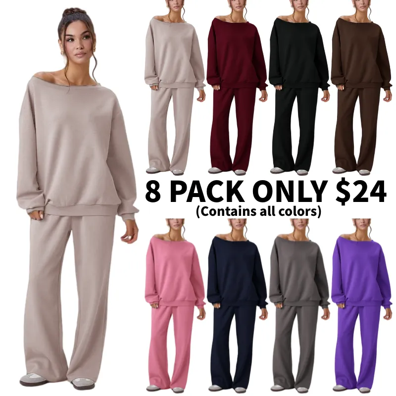 🔥8-PACKS 🔥Women's Leisure Solid Color Sloping Shoulder Long Sleeve Top & Wide Leg Trousers