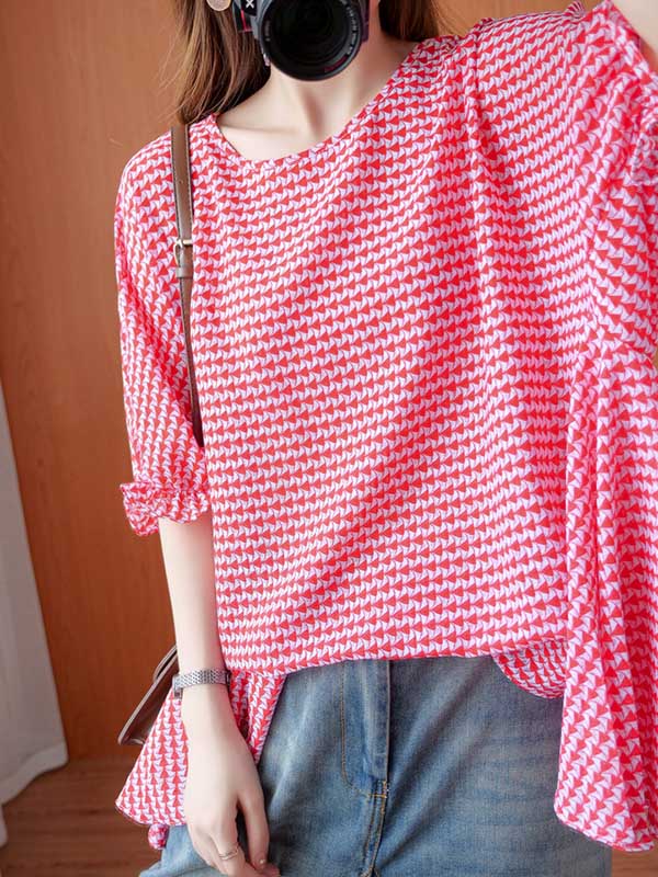 Casual Split-Joint Plaid Round-Neck Batwing Sleeves T-Shirts