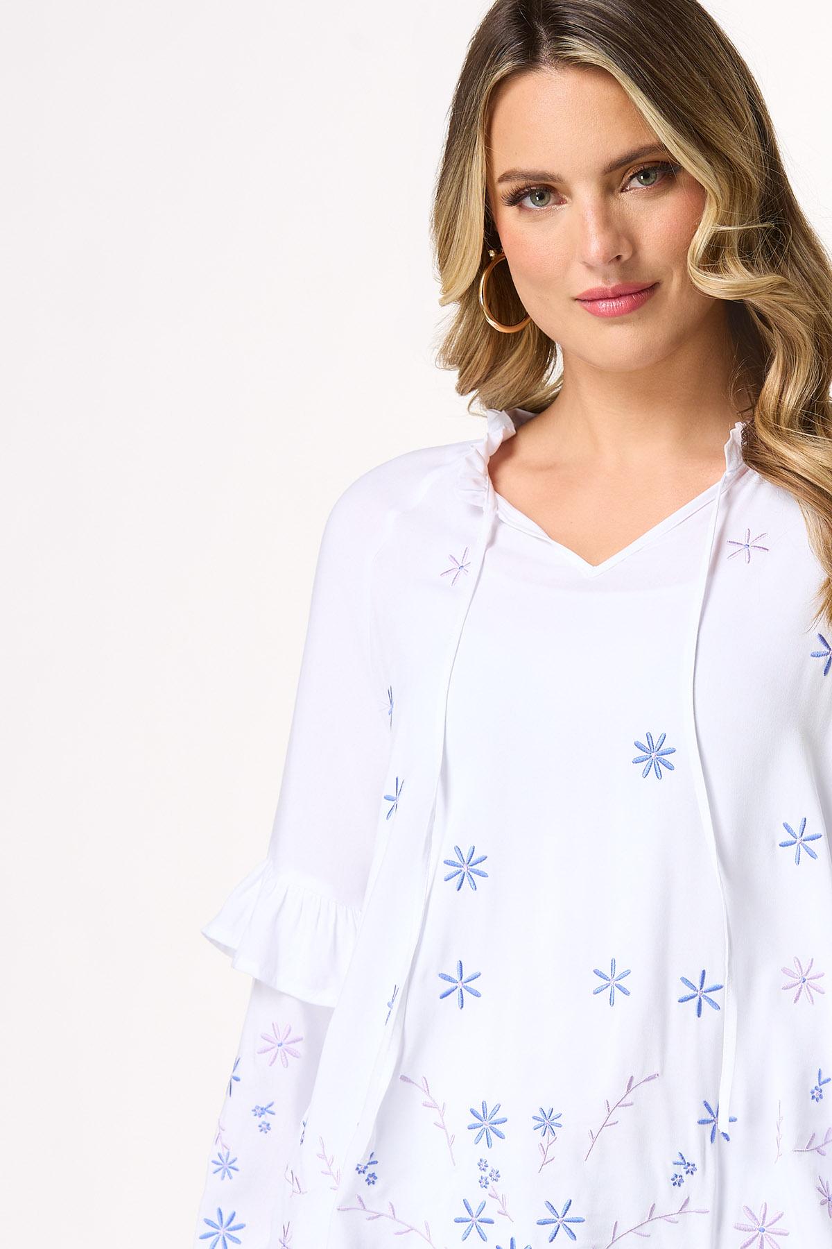 Ruffled Embroidered Balloon Sleeve Top