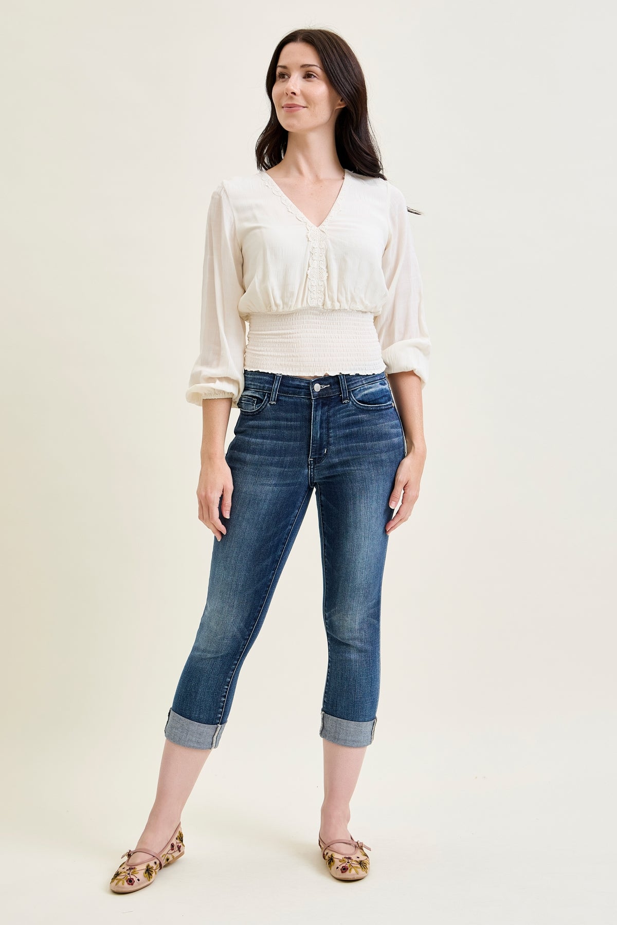 Maddy Mid Rise Dark Wash Cuffed Capri Jeans