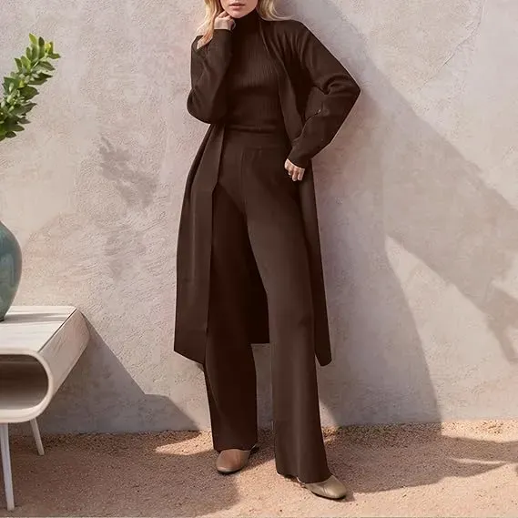 Three-Piece Set - Knit Turtleneck Tank & Wide Leg Pants With Long Cardigan
