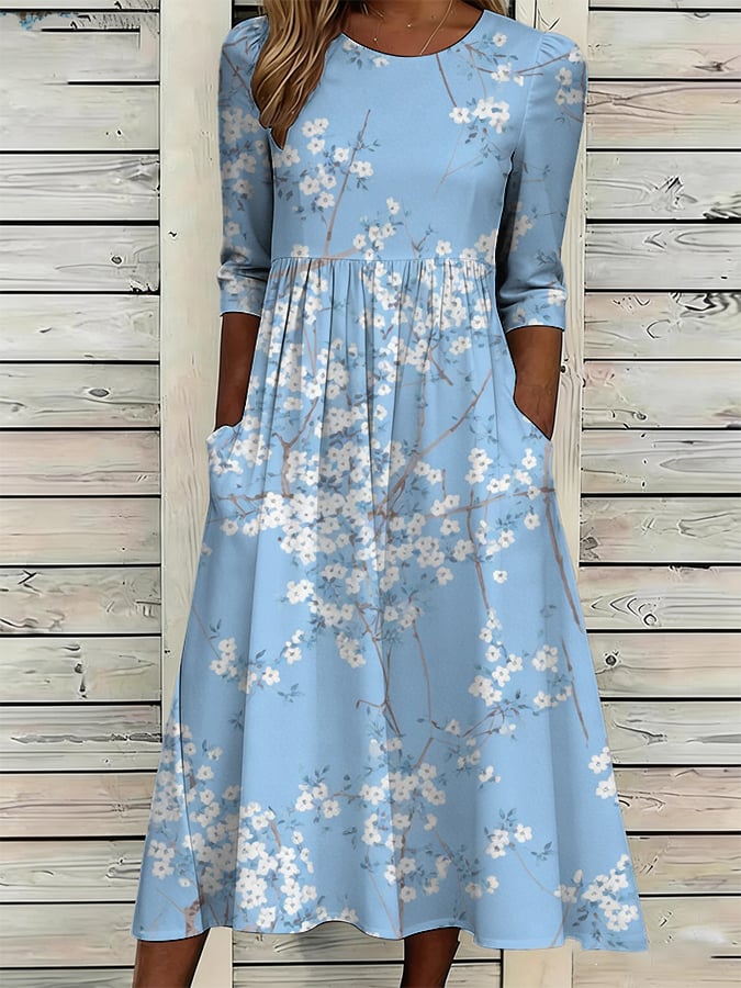 Women's Casual Round Neck Mid-Sleeve Floral Print Cotton Linen Dress- Fast Shipping