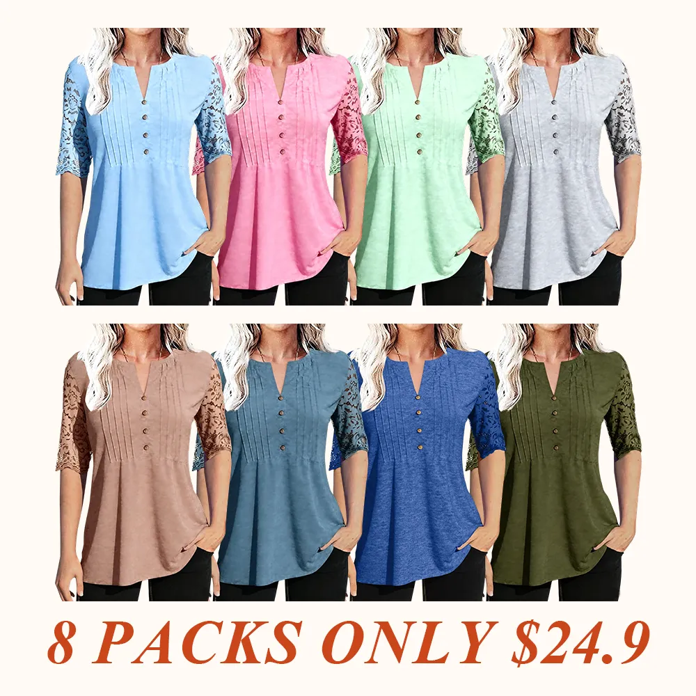 Women's Lace Sleeve Summer T-Shirt V-Neck Botton Up Basic Solid Color Casual Tunic Tops