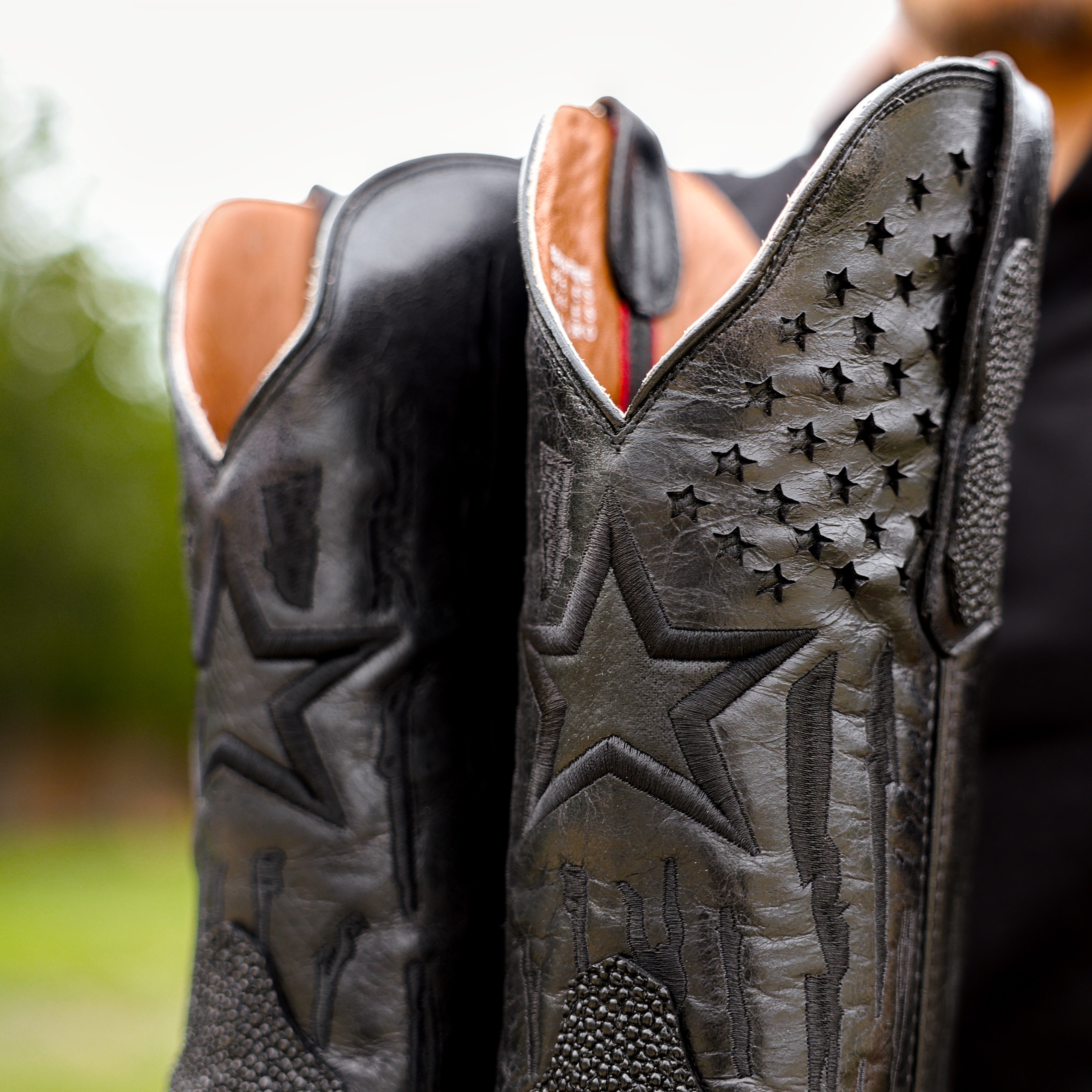 Black Stingray Leather Boots - Square Toe