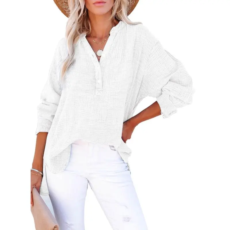 Women's Casual Button V Neck Long Sleeve Shirts Oversized Solid Blouses Tops